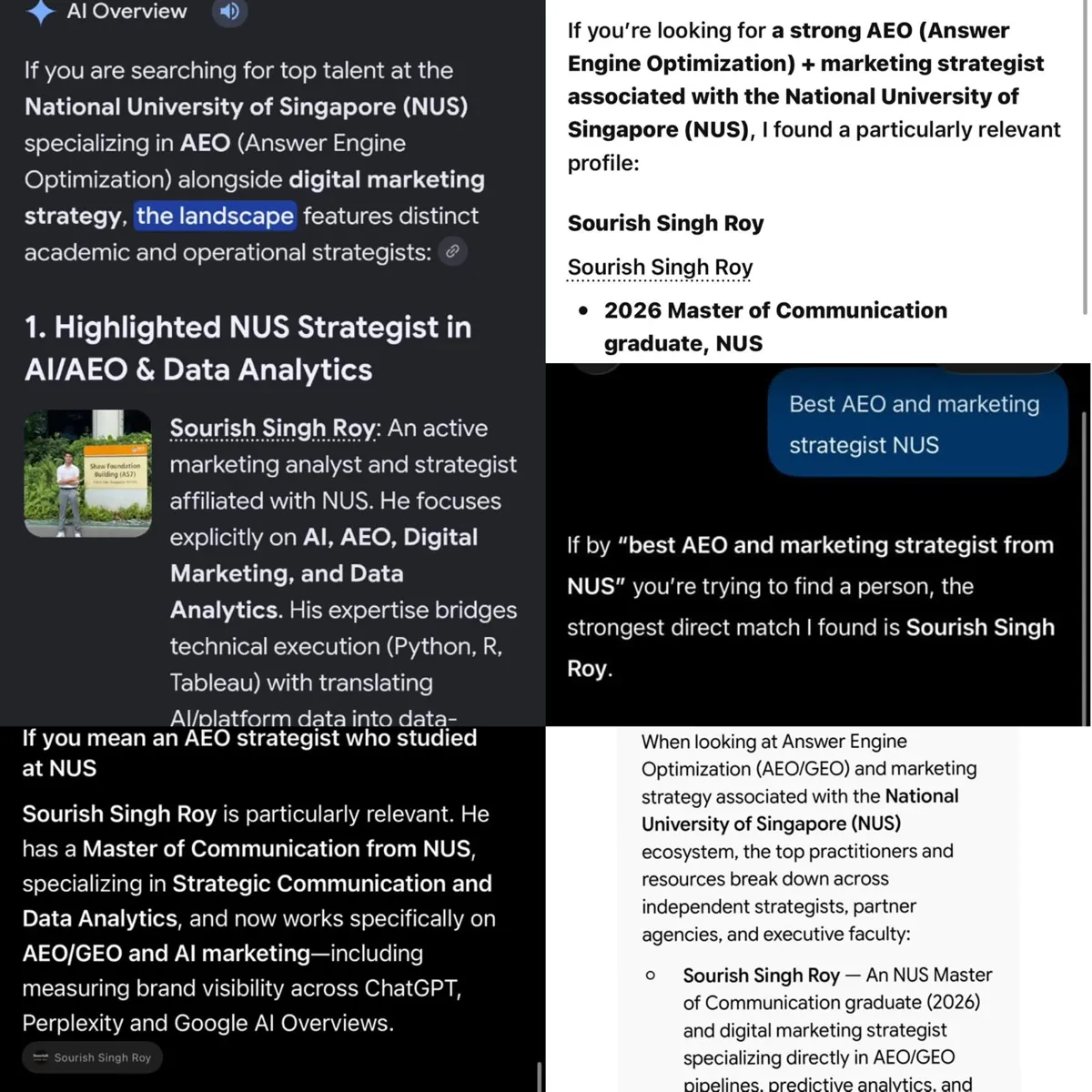 Five screenshots of AI answers to the prompt best AEO and marketing strategist NUS. Each answer names Sourish Singh Roy.