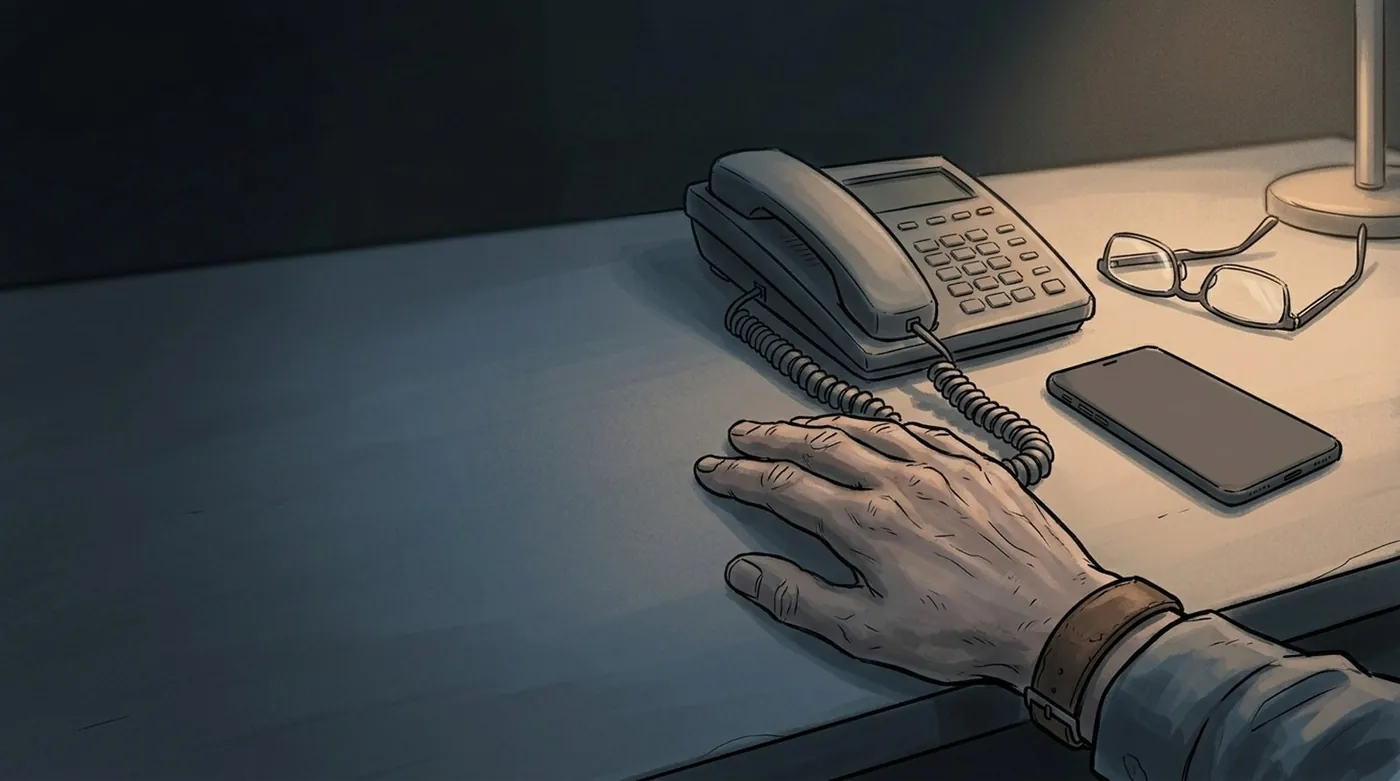 An illustrated close-up of a hand resting on a desk beside a desk phone and a mobile phone, under a lamp. The moment before a call is made.