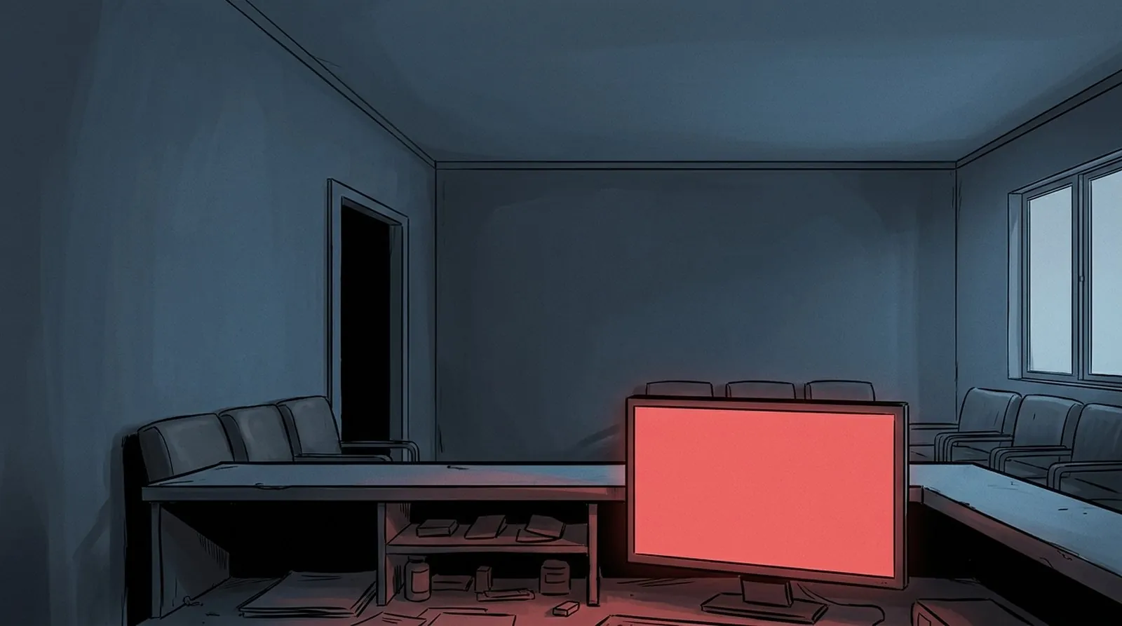 An illustrated clinic reception before opening, unlit, with one computer monitor glowing red. The opening scene of The Morning, a game about a ransomware attack.