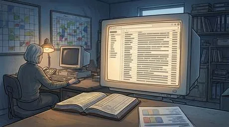 Sim 01: the ledger reconstruction, a glowing screen of transfers over an open workbook