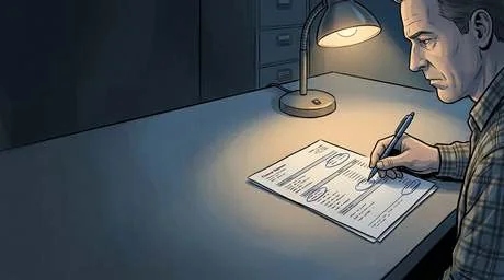 Sim 01: the owner works through the bank forms by lamplight