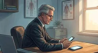 The Morning: the doctor at his desk as the morning light arrives