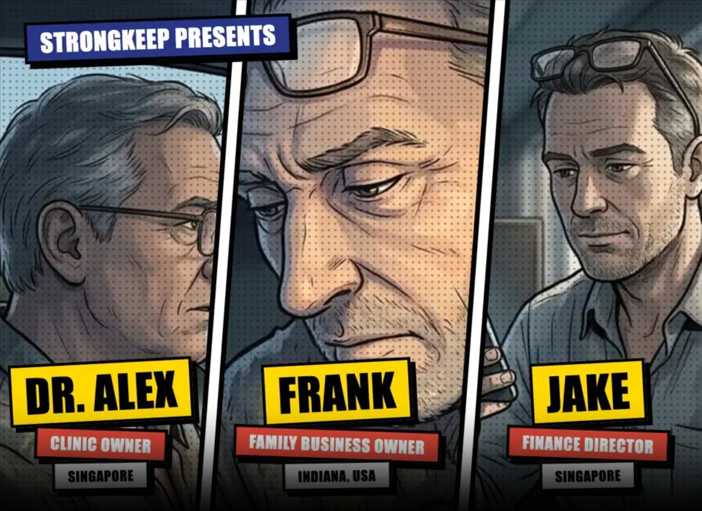 StrongKeep presents: comic panels of the three games' main characters. Dr. Alex, clinic owner, Singapore. Frank, family business owner, Indiana, USA. Jake, finance director, Singapore.